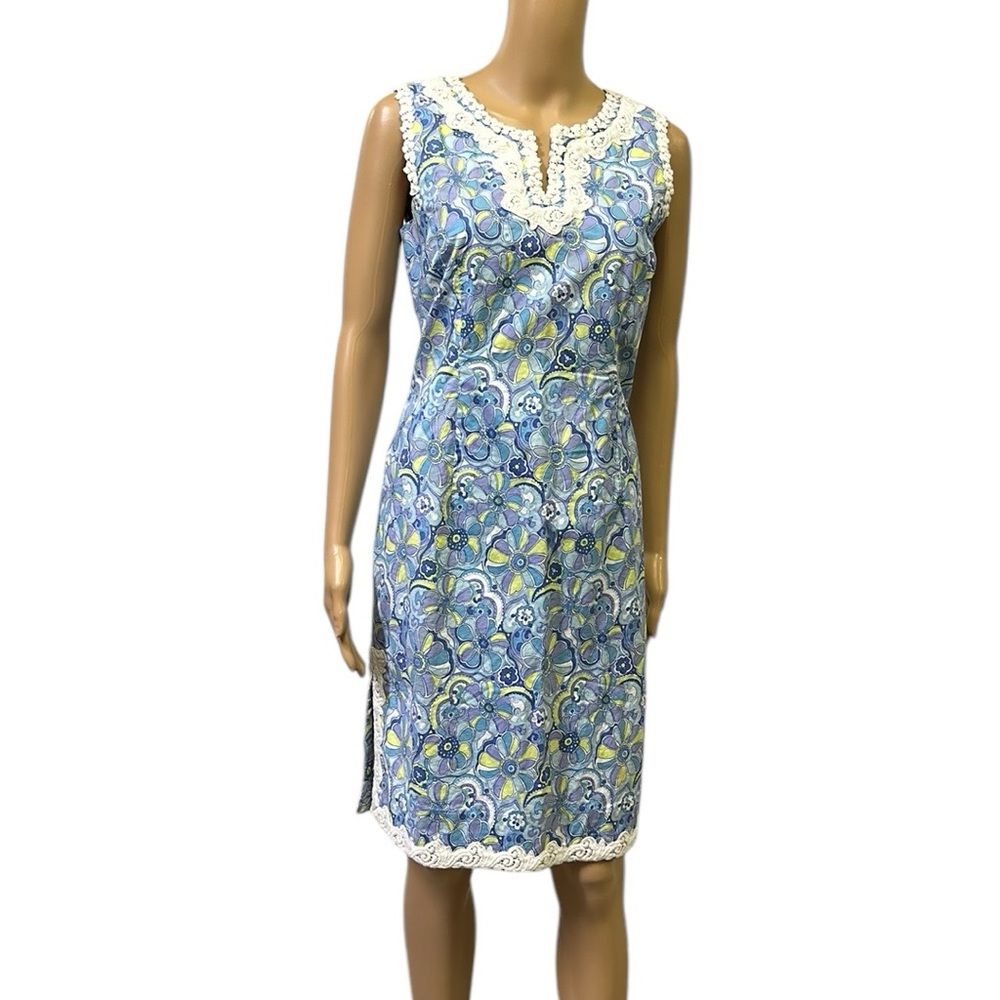 Paraphrase Blue Floral Lace Accent Cotton Sleeveless Side Slit Dress Womens 8